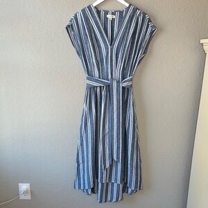 Max Studio Striped V Neck Linen Blend Tie Waist A Line Dress Cream Navy Size XS